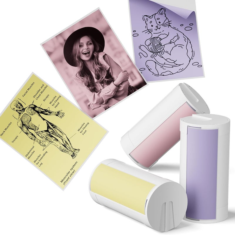 ETIKEZ Genuine Self-Adhesive Thermal Printer Stickers, Compatible with PM290C Mini Sticker Printer, Black on White, 54mmx3.2m Sticker Paper for Journal, Study, Photos, 3 Rolls, Yellow/Pink/Purple - Image 1